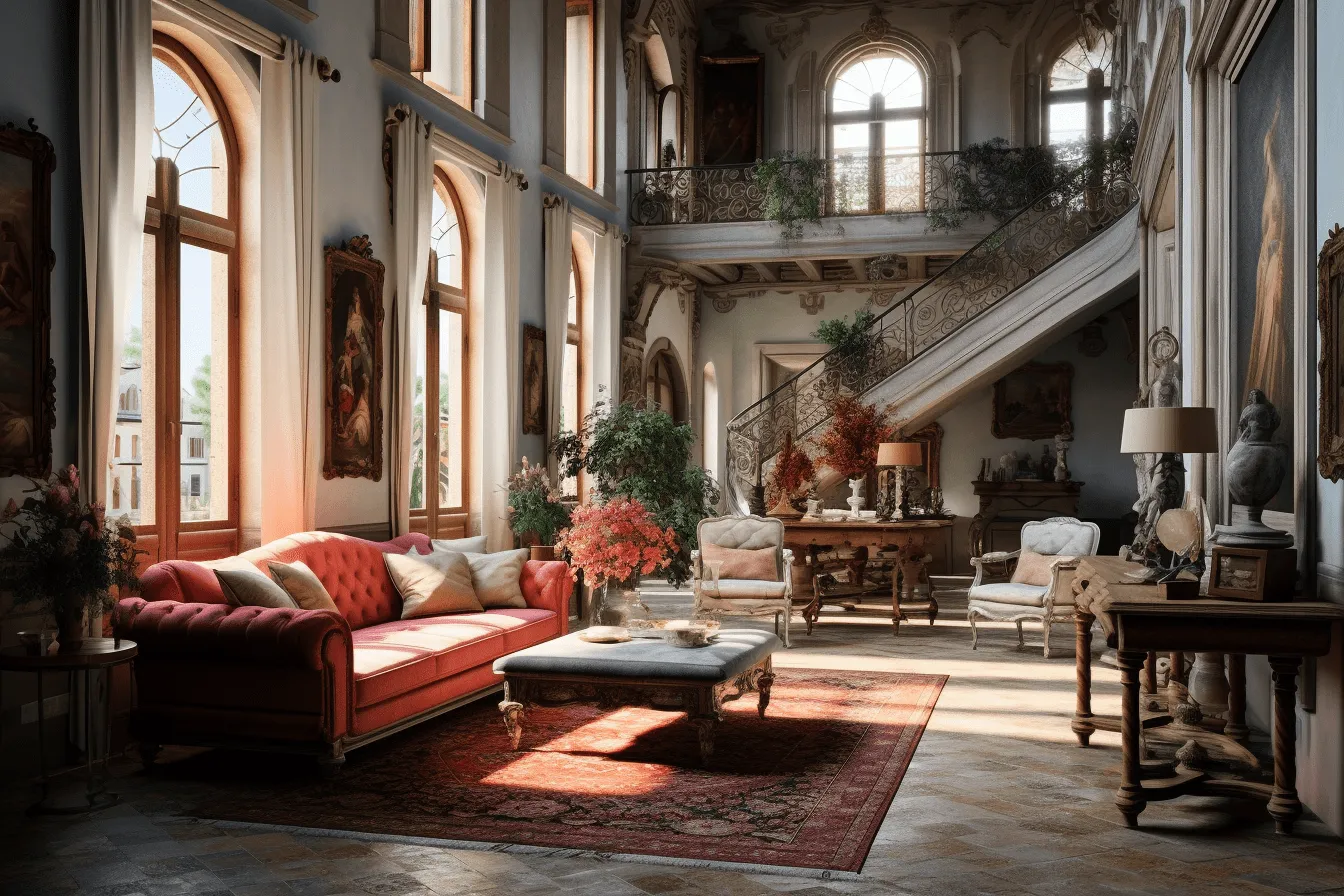 Living room with furniture and lots of stairs, unreal engine 5, florentine renaissance, vray tracing, red and amber, mediterranean-inspired, uhd image, pastoral charm