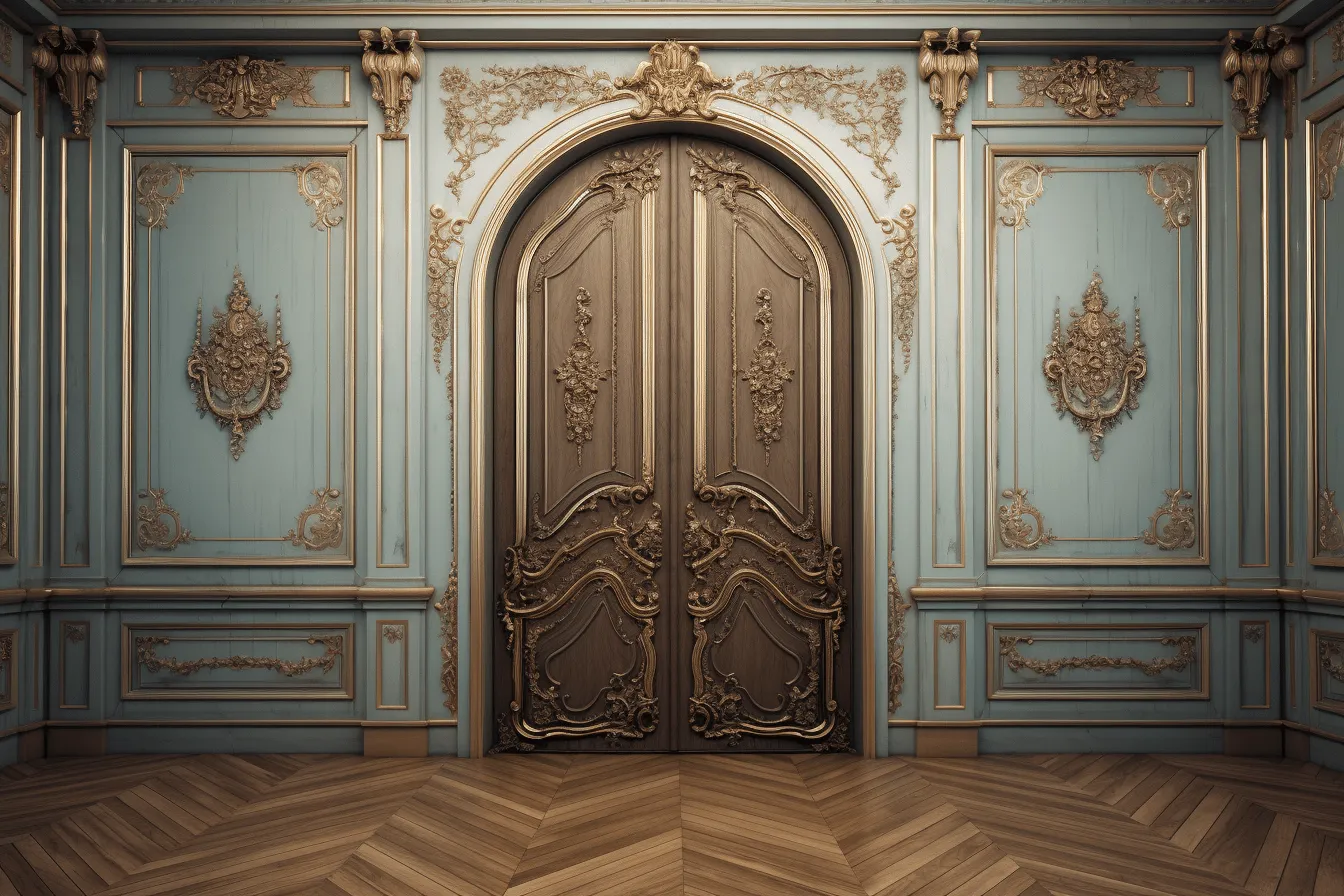 Ornately painted room with wooden floors, dark gold and light blue, zbrush, arched doorways, high detailed, luxurious, vignettes of paris, light brown and light blue