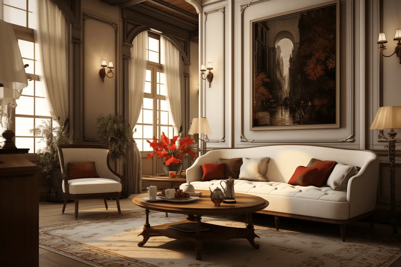 Beautiful ornate living room is adorned in white and gold accents,, realistic portrayal of light and shadow, dark amber and red, 8k resolution, realistic landscapes with soft edges, historical inspiration, serene atmosphere, bold yet graceful