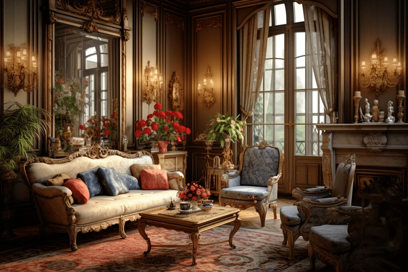 French style dining room interior design 3d, uhd image, baroque nu-vintage, golden light, romanticized views, ottoman art