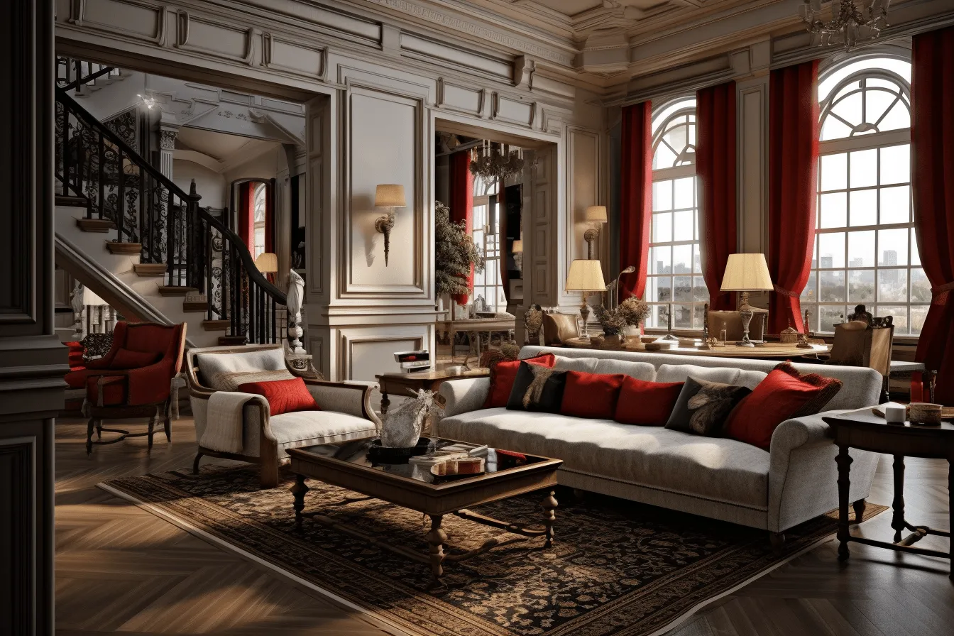 Red bedroom with fancy chairs and couches in dresdner bauhaus, daz3d, baroque ornate details, vignettes of paris, dark white and beige, vray tracing, 32k uhd, meticulous design