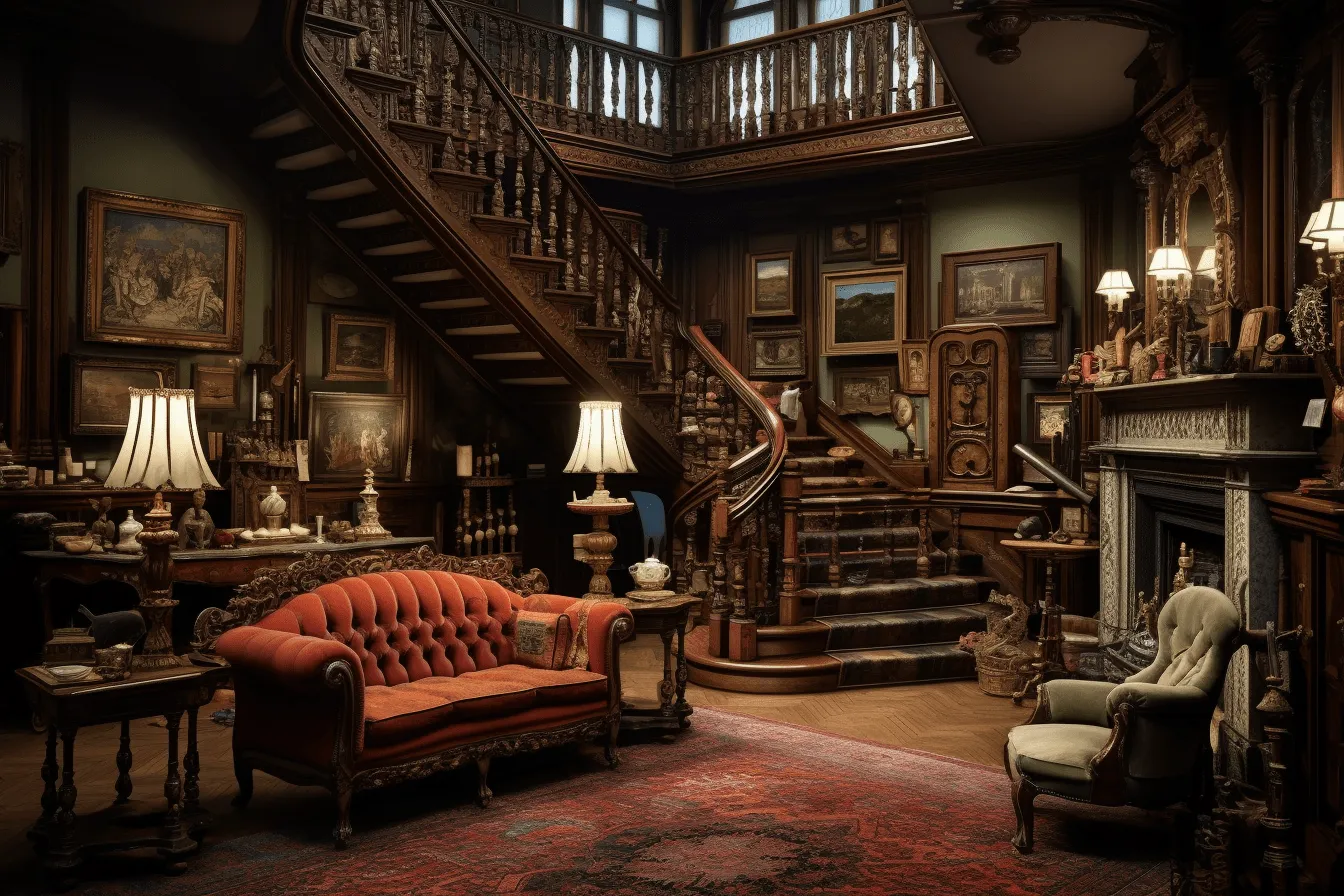 Ornate living room with staircase, dark red and brown, cinematic sets, manapunk, realistic scenes, hyper-realistic sculptures, whistlerian, maximalism