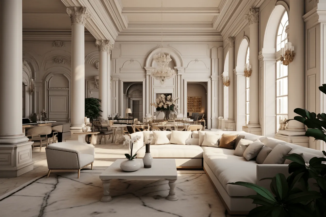 Oversized white couches and beautiful windows, neoclassical compositions, unreal engine 5, beige and amber, vray tracing, orientalist scenes, italianate flair, balanced and harmonious