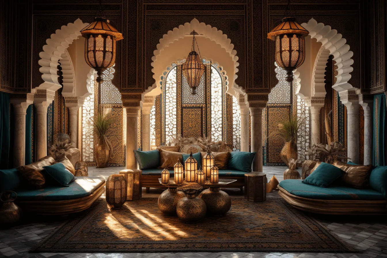 Arched walls and ceiling in an ornate lounge, luminous 3d objects, exotic atmosphere, historical inspiration, serene mood, islamic art and architecture, dark cyan and light amber, 1000–1400 ce
