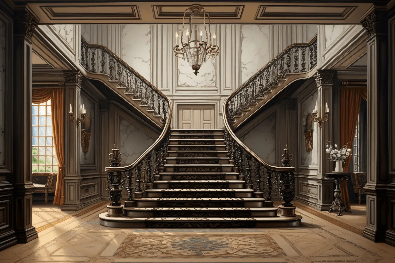 High quality photo of a staircase in a rich apartment, hyperrealistic illustrations, classical, historical genre scenes, gray and bronze, rendered in maya, narrative paneling, brown and beige, eerily realistic