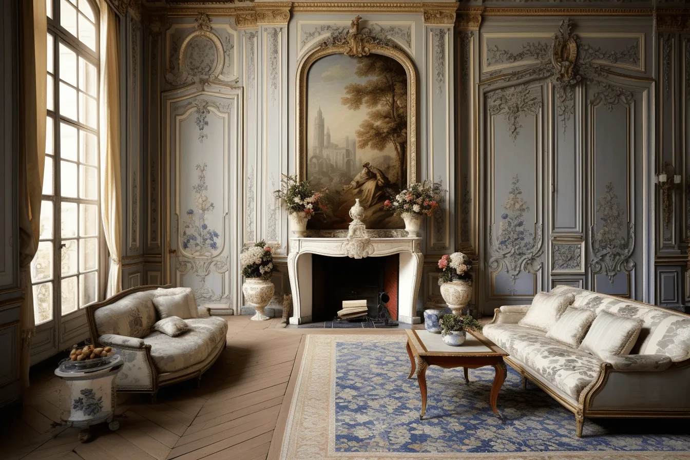 Ornately decorated living room decorated with gold decorations, french realism, dark white and blue, delicately rendered landscapes, restored and repurposed, photorealistic detailing, hazy, 18th century