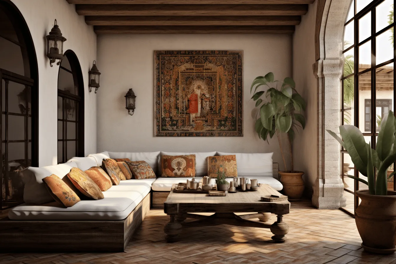 Room with a stone fireplace, reimagined religious art, exotic tapestries