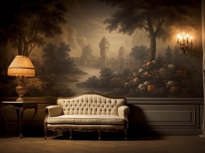 Painting In An Ornate Room With A Couch, Table And Lamp