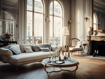 Paris Apartment Living Room With Two Large Windows And Antique Furniture