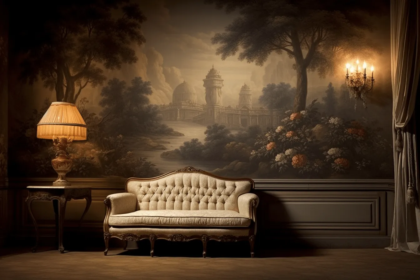 Chair is placed in front of a large panel wall with a castle on it, classical landscapes, baroque dramatic lighting, traditional british landscapes, rococo decadence, orange and beige, tranquil gardenscapes, 8k resolution