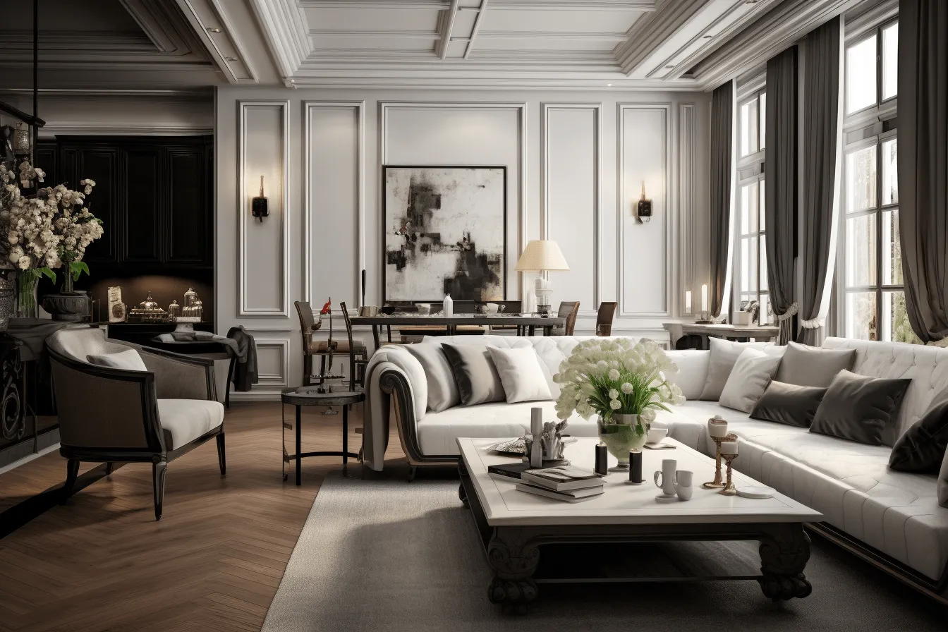 Luxe living room with black and white decorating elements, unreal engine 5, classical proportions, dark white and amber, vignettes of paris, realistic and hyper-detailed renderings, classic, narrative paneling