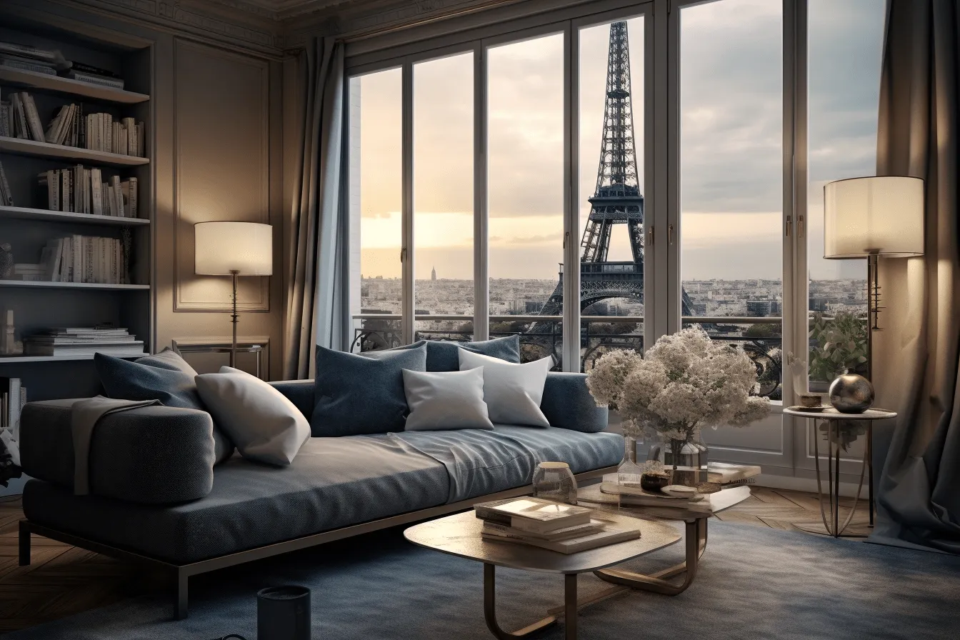 Paris skyline living room photography 5a89f0ec, rendered in unreal engine, light indigo and light gold, realistic and hyper-detailed renderings, romantic chiaroscuro, photorealistic rendering, tranquil serenity, realistic rendering
