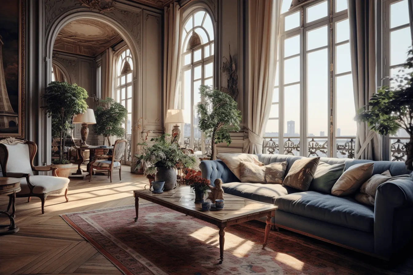 Elegant lounge is sitting on a couch with large windows, vray tracing, vignettes of paris, rustic renaissance realism, 32k uhd, detailed marine views, unreal engine 5, historical influences