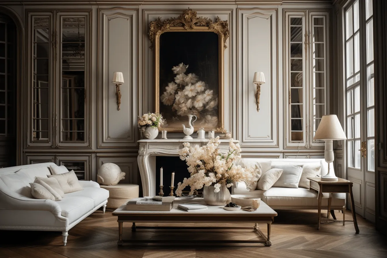 White living room with large ornate furniture, moody tonalism, vray tracing, vignettes of paris, classic still life compositions, dark beige, hand-painted details, high quality photo