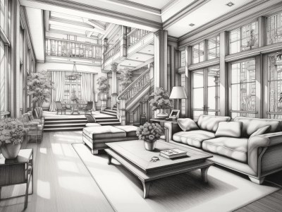 Pencil Drawing Of Living Room With Stairs