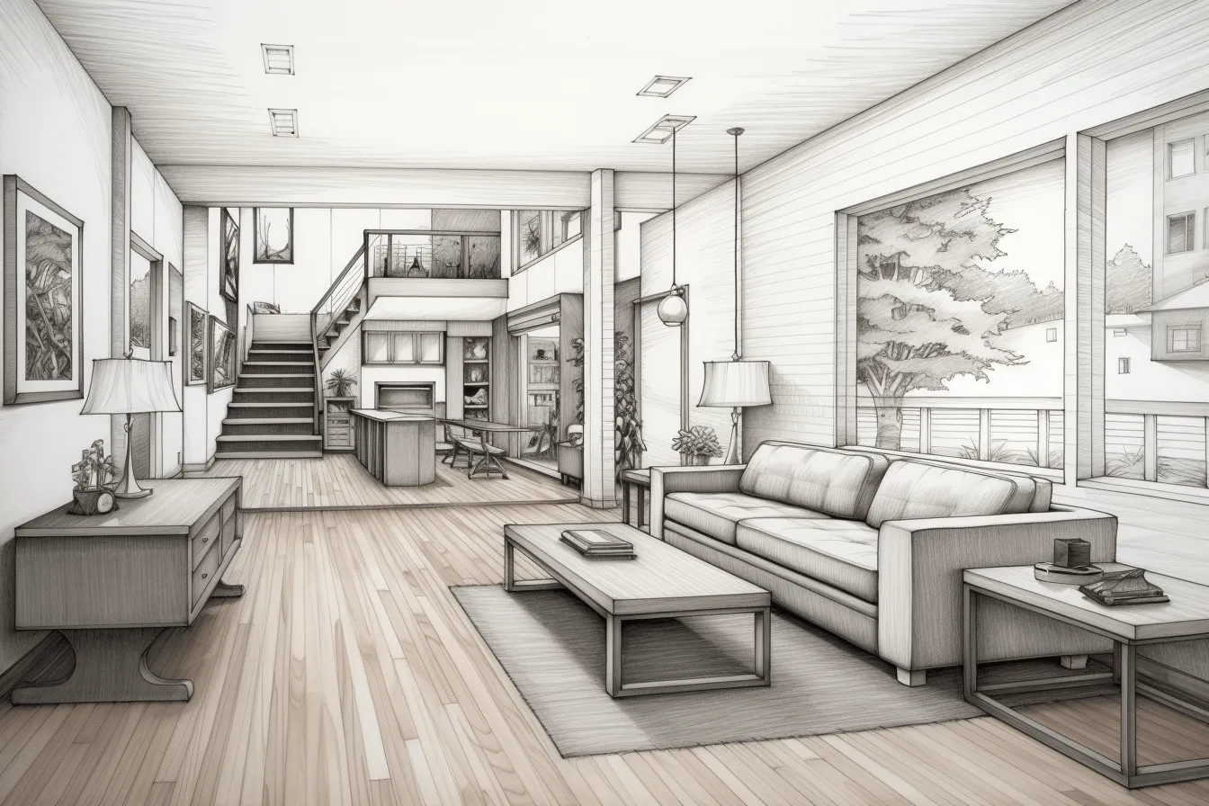 Sketch of a living room showing couches, stairs, and stairs, realistic hyper-detailed rendering, serene atmospheric perspective, wood, japanese contemporary, highly detailed cityscapes, cabincore, luxurious