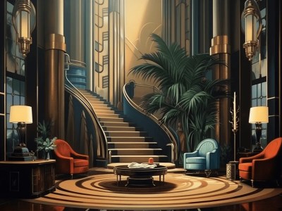 Photo Of An Art Deco Living Room With Couches And An Elegant Staircase