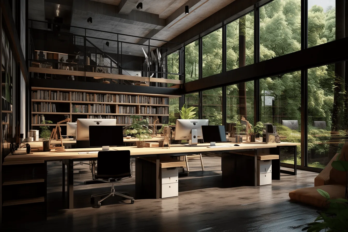 Office with computer and bookshelves, nature-inspired, dark, foreboding landscapes, eco-kinetic, expansive spaces, atmospheric woodland imagery, wood, high dynamic range