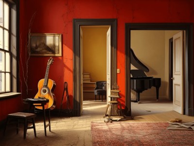 Piano And Keyboard Sitting Next To Red Walls