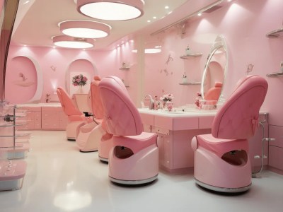 Pink Hair Salon With Chairs, Hair Ties, Mirrors And A Pink Ceiling