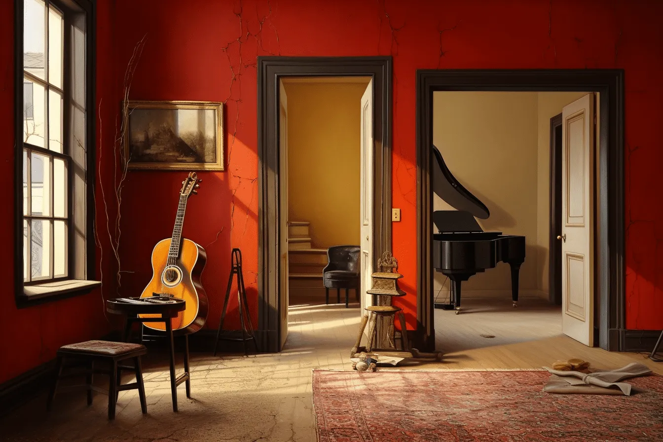 Red wall with door, musical  influences, classical inspiration