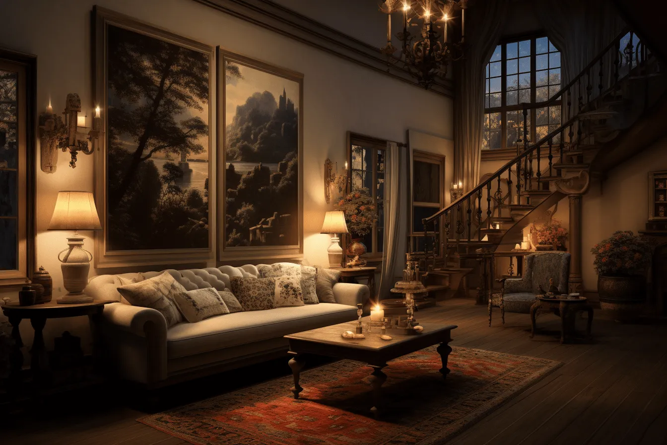 One couch and chairs in the room, renaissance-inspired chiaroscuro, detailed environments, unreal engine 5, romantic landscapes, captivating lighting, eerily realistic, english countryside scenes