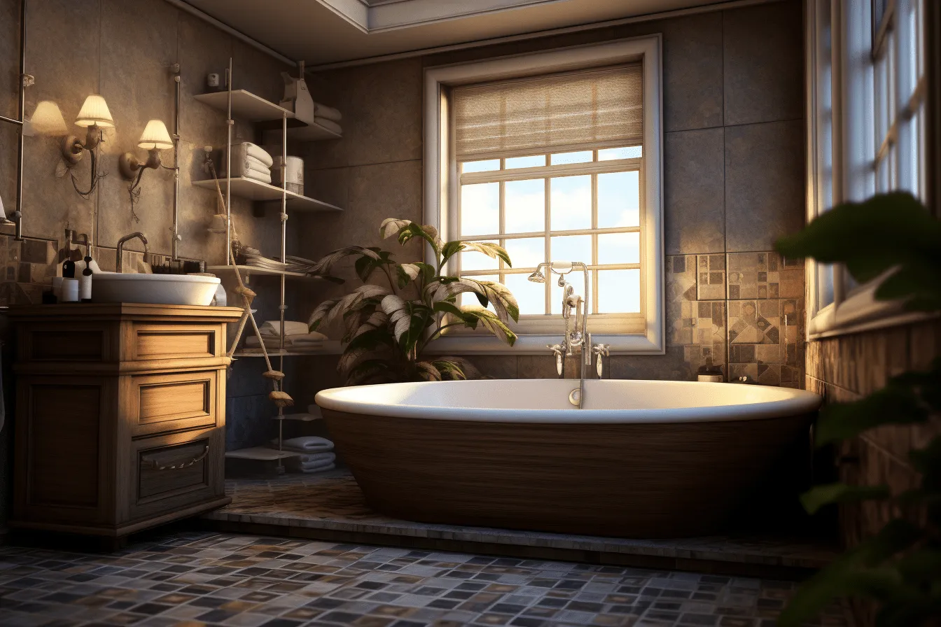 This bathroom is spacious, rendered in unreal engine, vintage sepia-toned photography, highly detailed foliage, uhd image, atmospheric environments, solarizing master, softbox lighting
