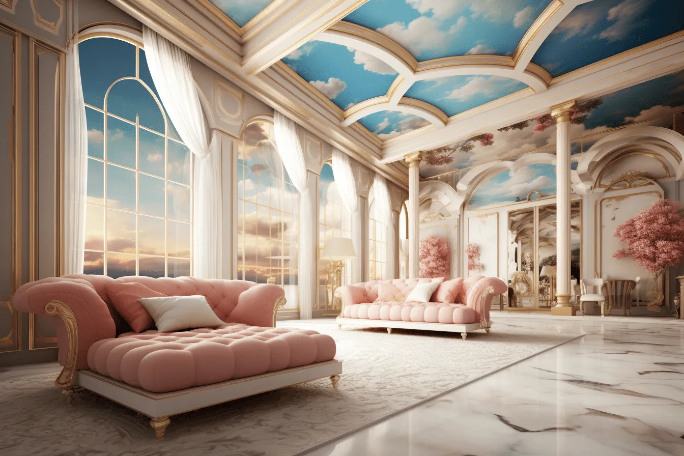 Pink glamor furniture set on a ceiling with pink clouds, lifelike renderings, mediterranean landscapes, neoclassical influences, dark sky-blue and beige, light-filled interiors, high dynamic range, romanticized views