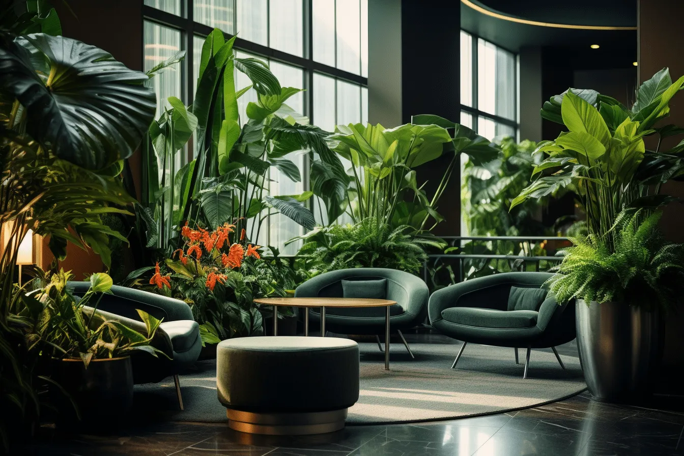 Colorful lounge in a large building with plants in view, dark emerald and dark black, metropolis meets nature, atmospheric woodland imagery, german modernism, tropical symbolism, dark gray and green, captures the essence of nature