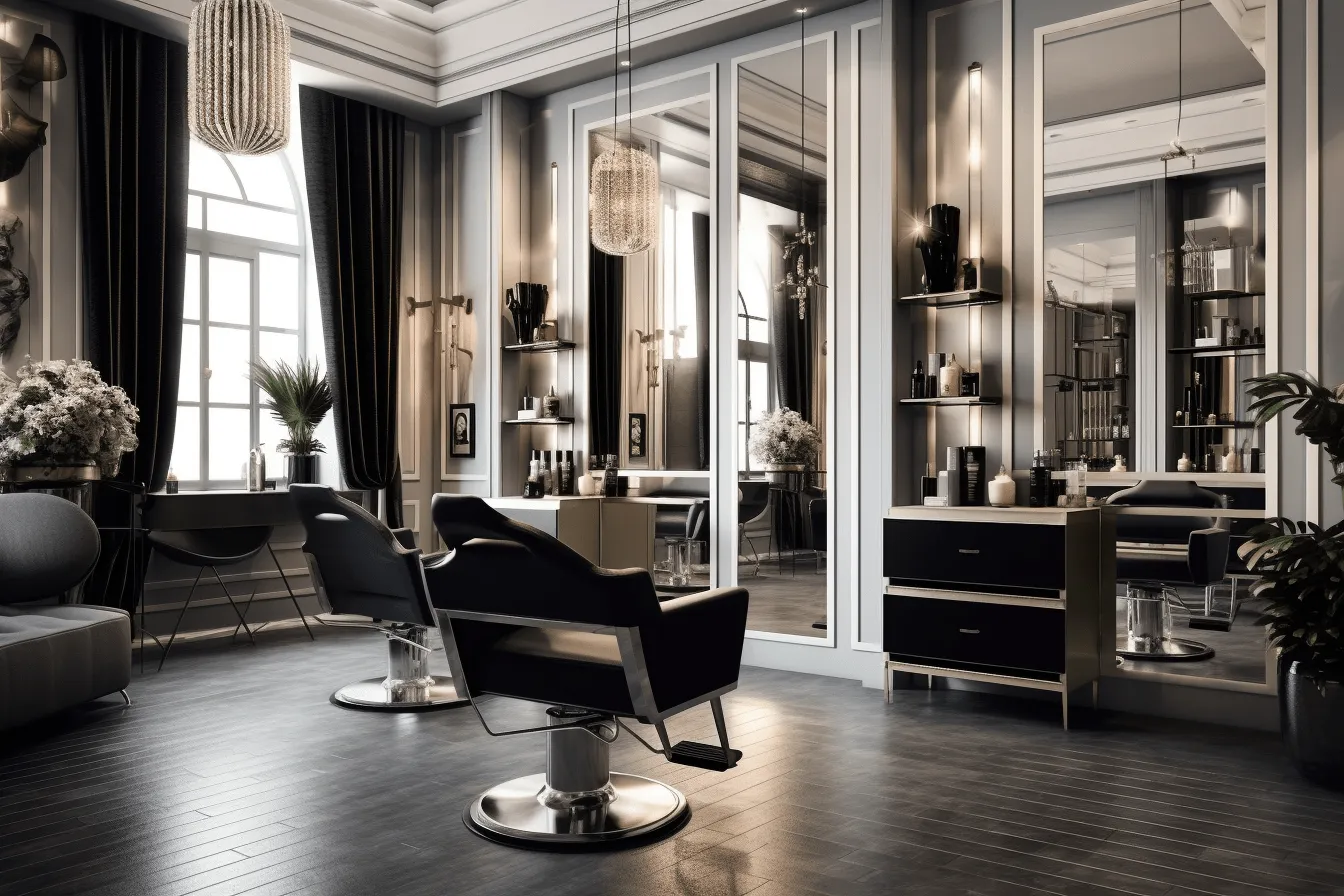 Stylish barbers salon reflects class and elegance, vray tracing, gothic black and white, photorealistic rendering, dark gold and silver, detailed marine views, american barbizon school, stylized glamour