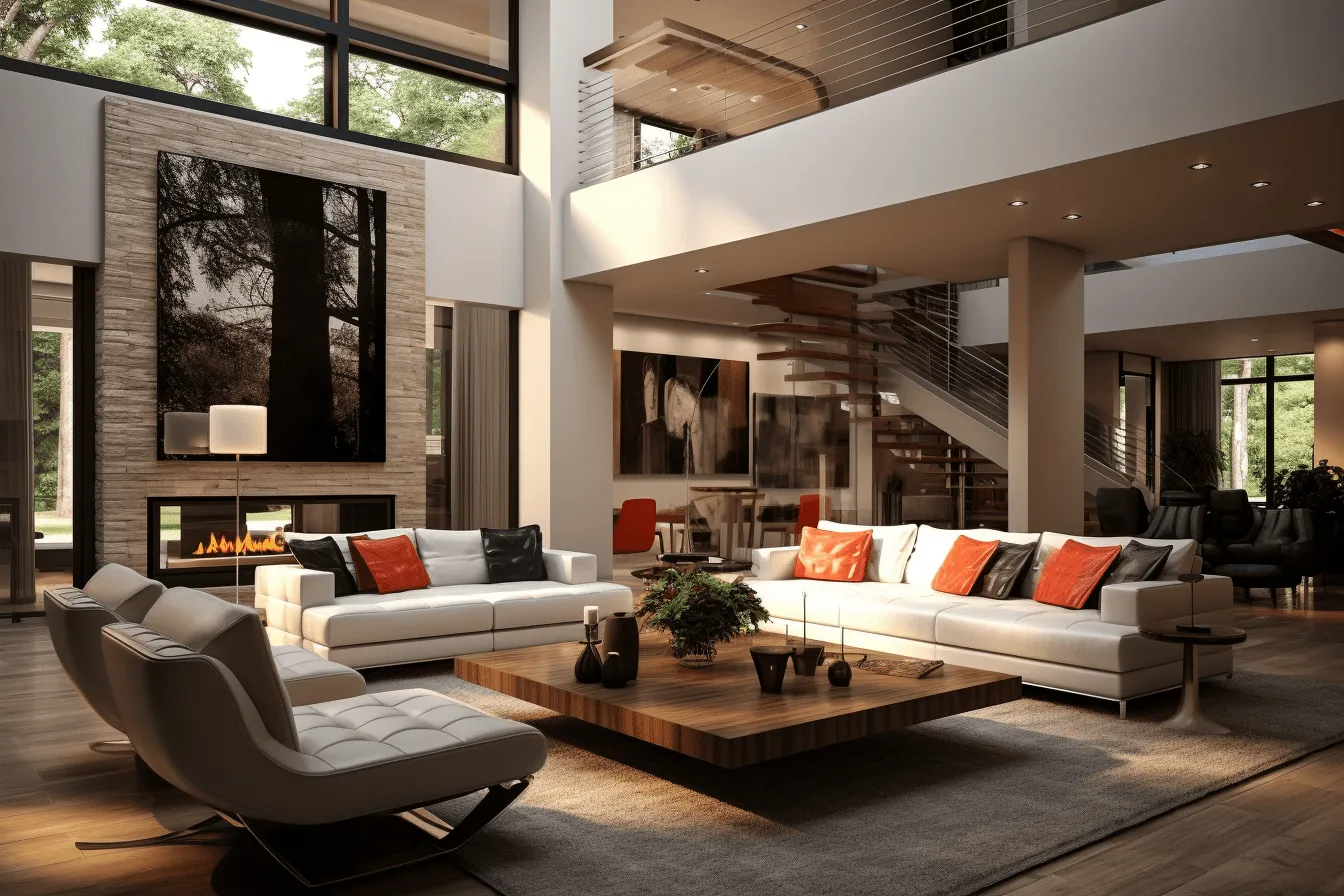 Living room with white sofas, coffee table, and fireplace, solarization effect, multilayered dimensions, silver and orange, zen-inspired, everyday life depiction, bold and busy, natural lighting