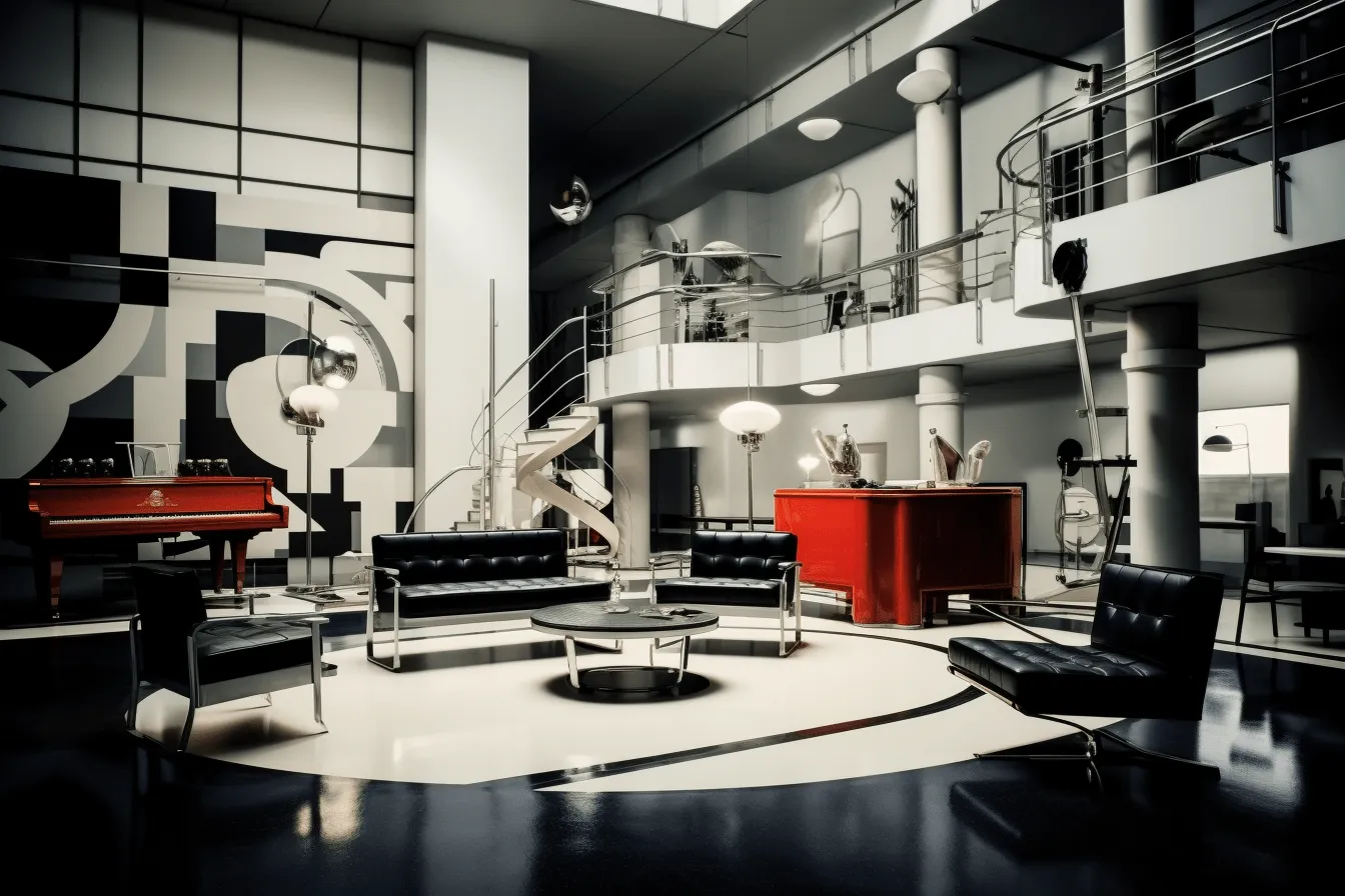 Art deco setting featuring piano, leather chairs, and a staircase, bauhaus-inspired designs, silver and red, 32k uhd, postmodern architecture and design, black-and-white, leica i, de stijl
