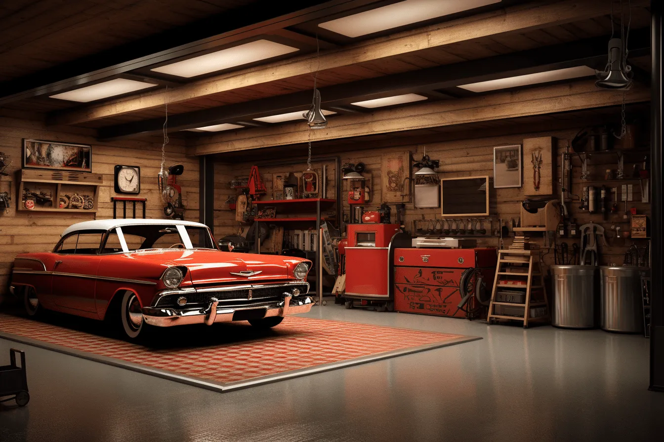 Red car in a garage, realistic and hyper-detailed renderings, nostalgic atmosphere, 32k uhd, american mid-century design