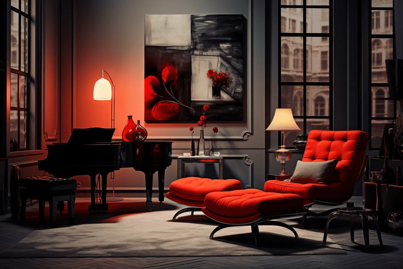 Red chair and a black piano, mood lighting, large canvas paintings, orange and gray, monochromatic elegance, lifelike renderings, monochromatic palettes