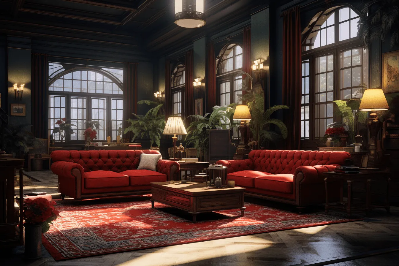 Elegant living room with furniture and windows, cryengine, red and navy, hyper-realistic oil, vintage academia, dau al set, atmospheric scenes, highly realistic