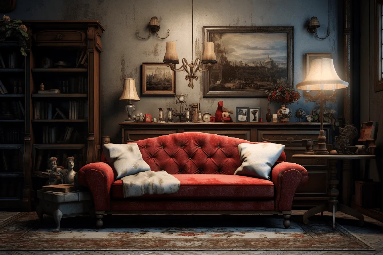 Wooden frame behind the couch, classical, historical genre scenes, vray tracing, red and gray, industrial feel, enchanting lighting, red, uhd image