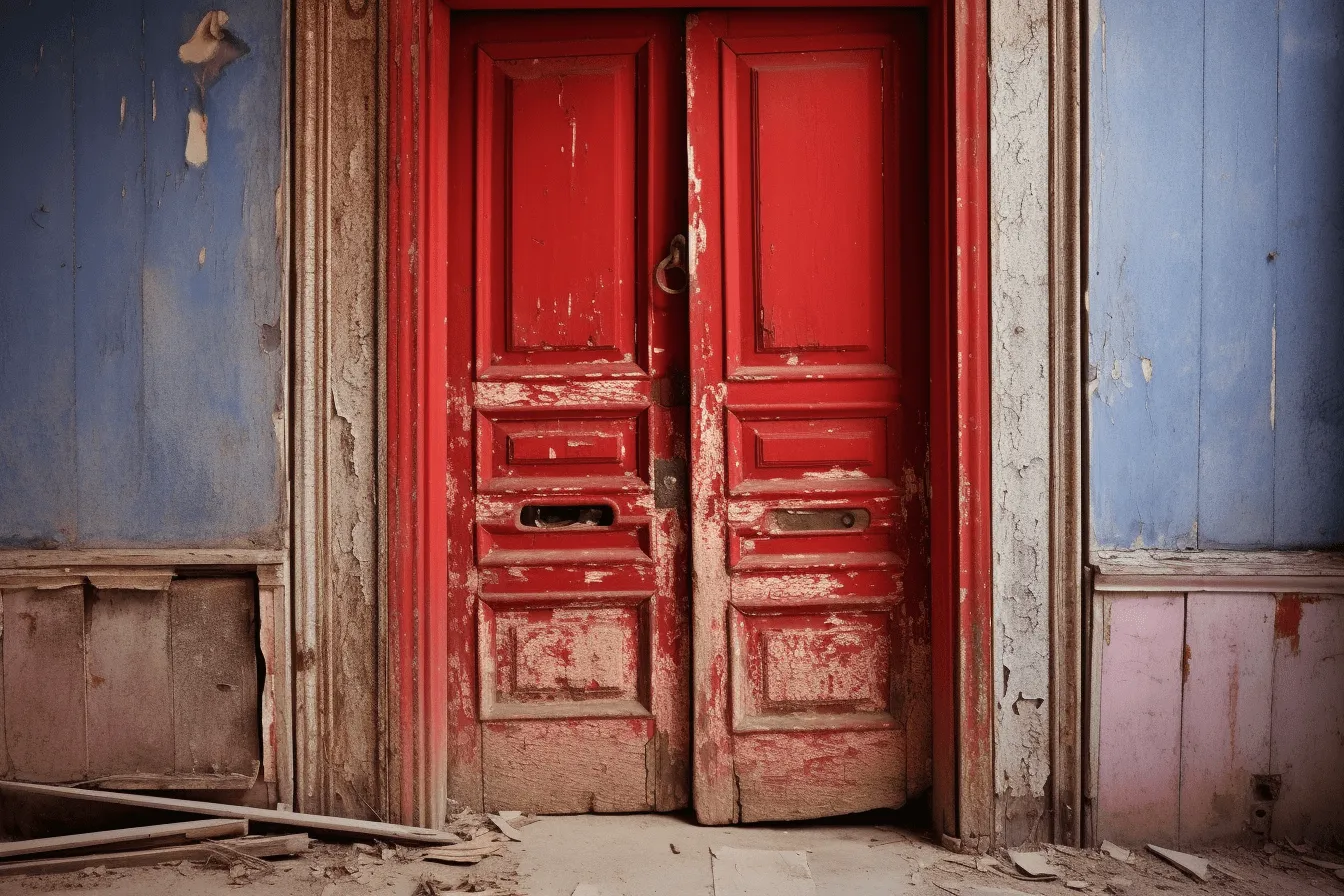 Red door in an old building in haiti, dystopian atmospheres, vignettes of paris, dusty piles, creased crinkled wrinkled, dark, foreboding colors, vienna secession, historical documentation