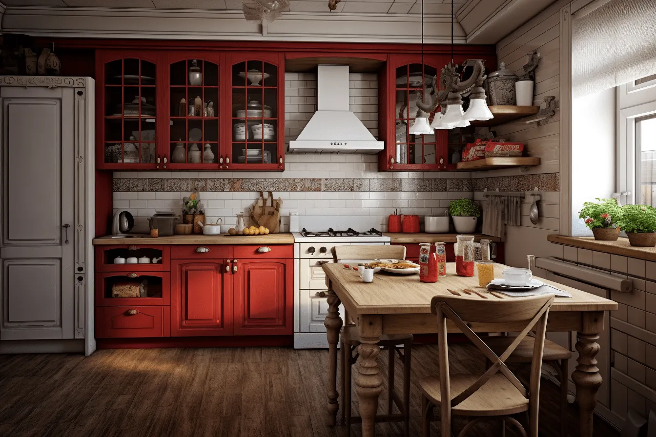 Red painted cupboard, grandiose color schemes, rustic charm