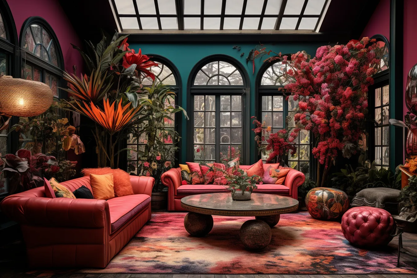 Colorful living room where couches are surrounded by plants along with vases, dark crimson and crimson, mysterious jungle, faux naïf, solarizing master, luxurious, dreamy and romantic, dutch tradition