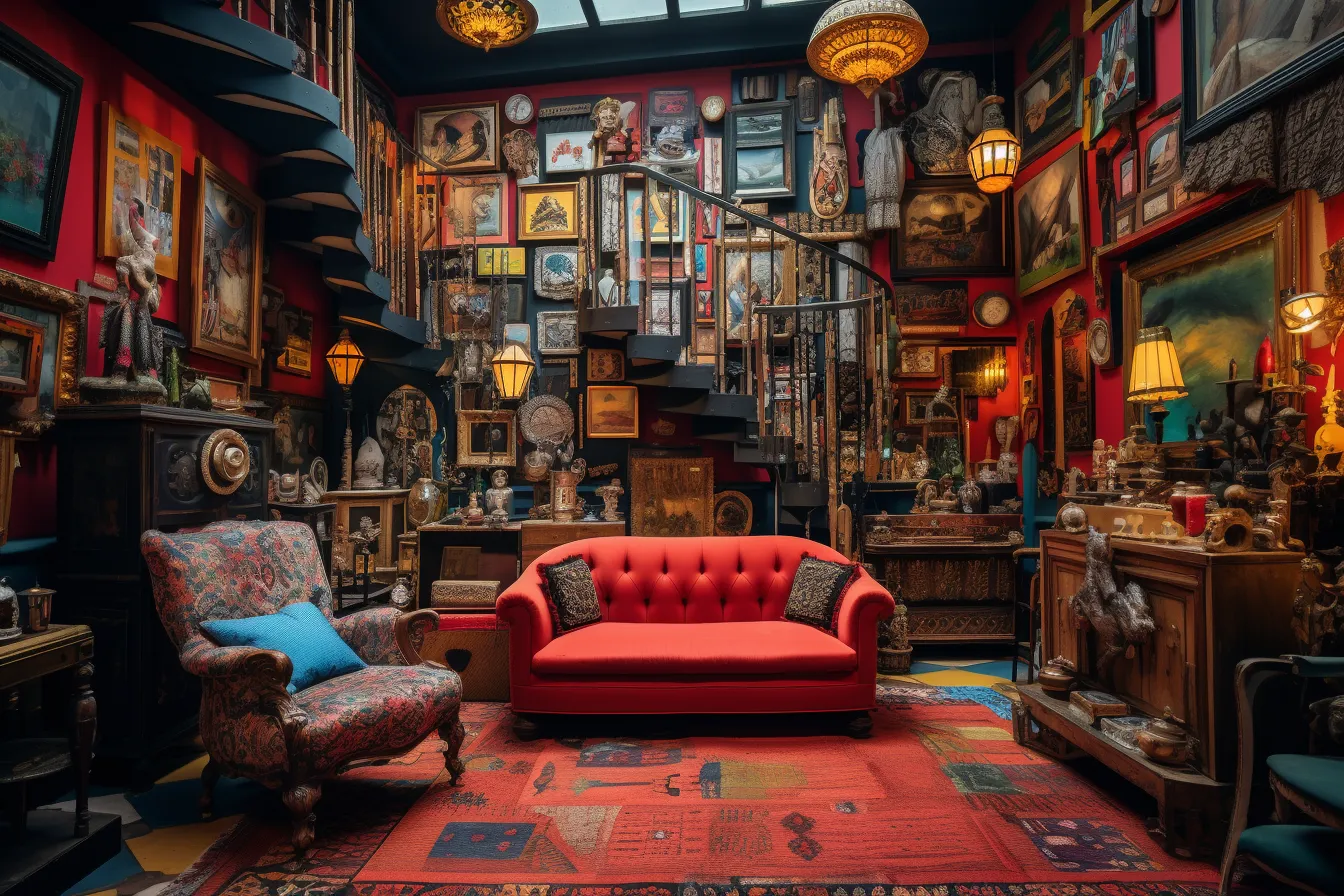 Dark red couch covered with photos, paintings, quirky characters and objects, 32k uhd, orient-inspired, immersive environments, bloomsbury group, uhd image, pictorial space