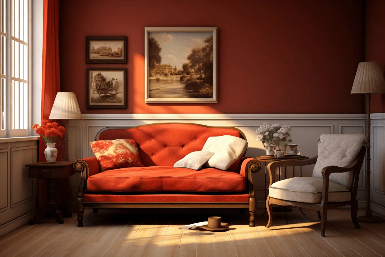 Red wall in the room, nostalgic paintings, vray tracing, photo-realistic techniques, light amber, french countryside, dutch genre scenes, solarizing master