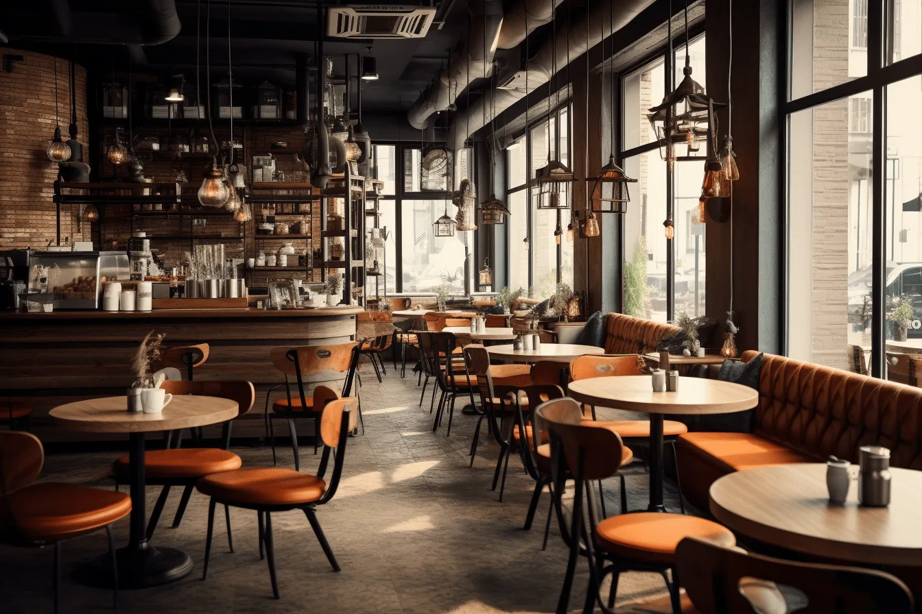 Restaurant with chairs, vray tracing, light orange and dark brown, industrial landscapes, soft atmospheric scenes, uhd image, lovely, atmospheric ambience