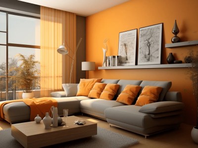 Room With Color Orange Walls And Furniture