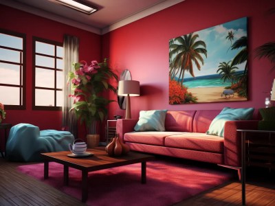 Room With Red Walls Has A Couch And A Coffee Table