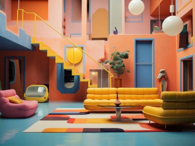Room With Yellow, Orange, Blue, And Green Furniture