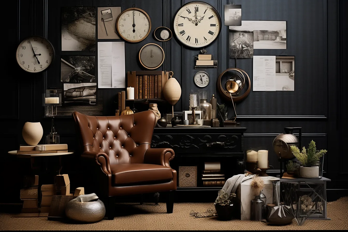 Brown leather chair standing against black wall with a clock on it, juxtaposition of objects, daz3d, historical genre, navy and gray, flickr, collecting and modes of display, chic