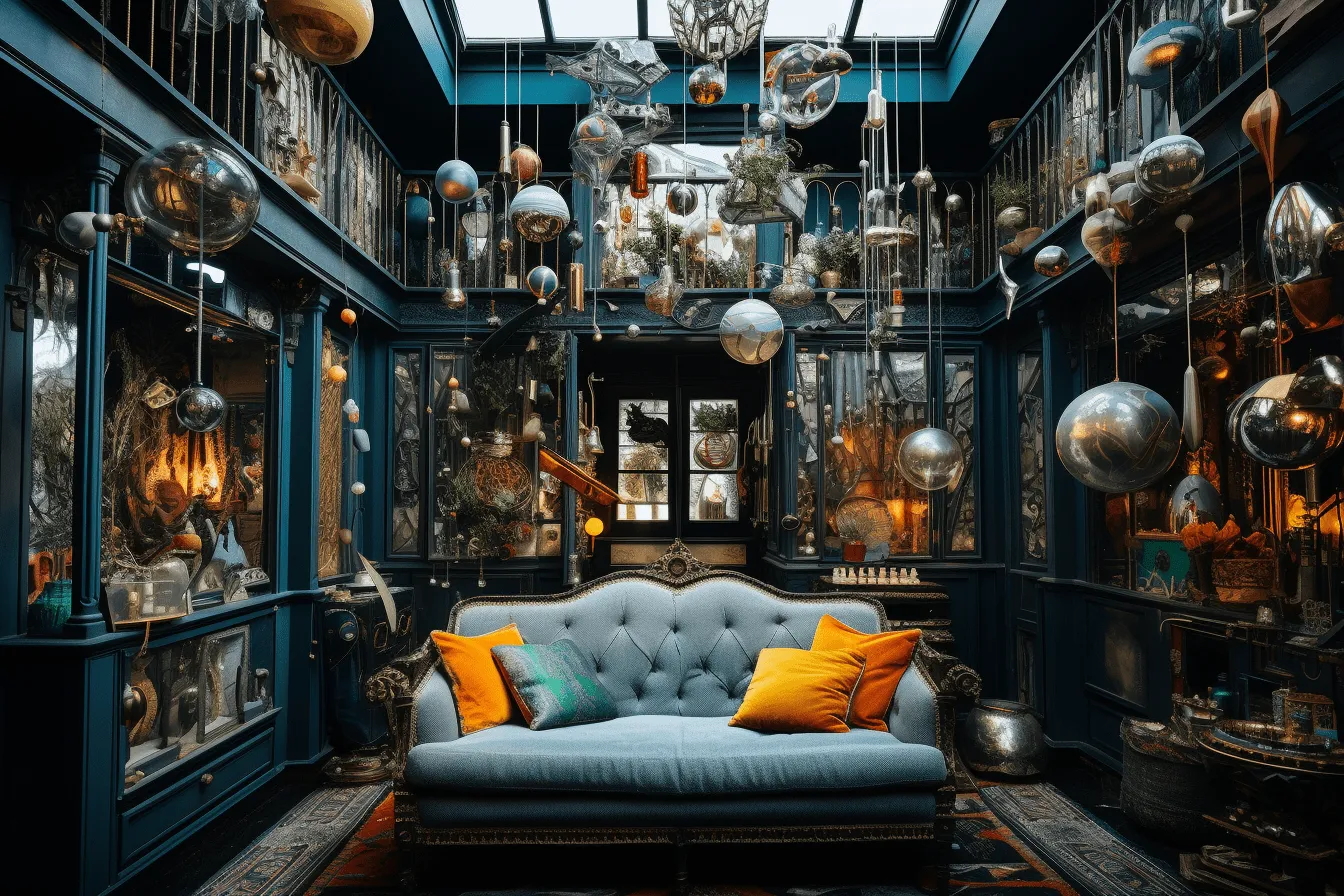 Room filled with antiques, chandeliers, and chandeliers, surrealist surrealism, dark turquoise and amber, industrial and product design, bulbous, festive atmosphere, vignettes of paris, vray tracing