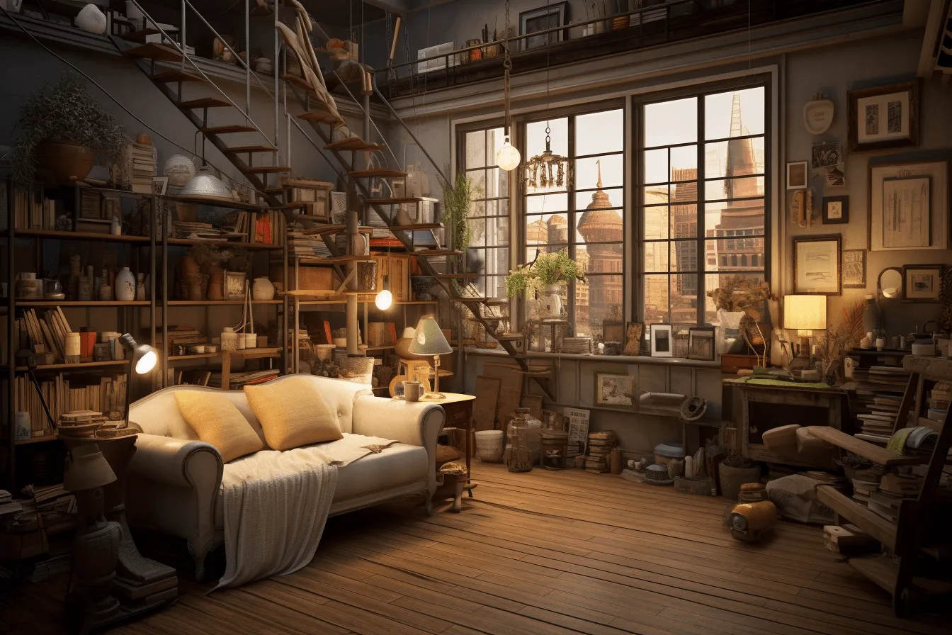 Room full of old furniture and some books, photorealistic cityscapes, volumetric lighting, light amber and bronze, industrial feel, solarizing master, romanticized views, cottagecore