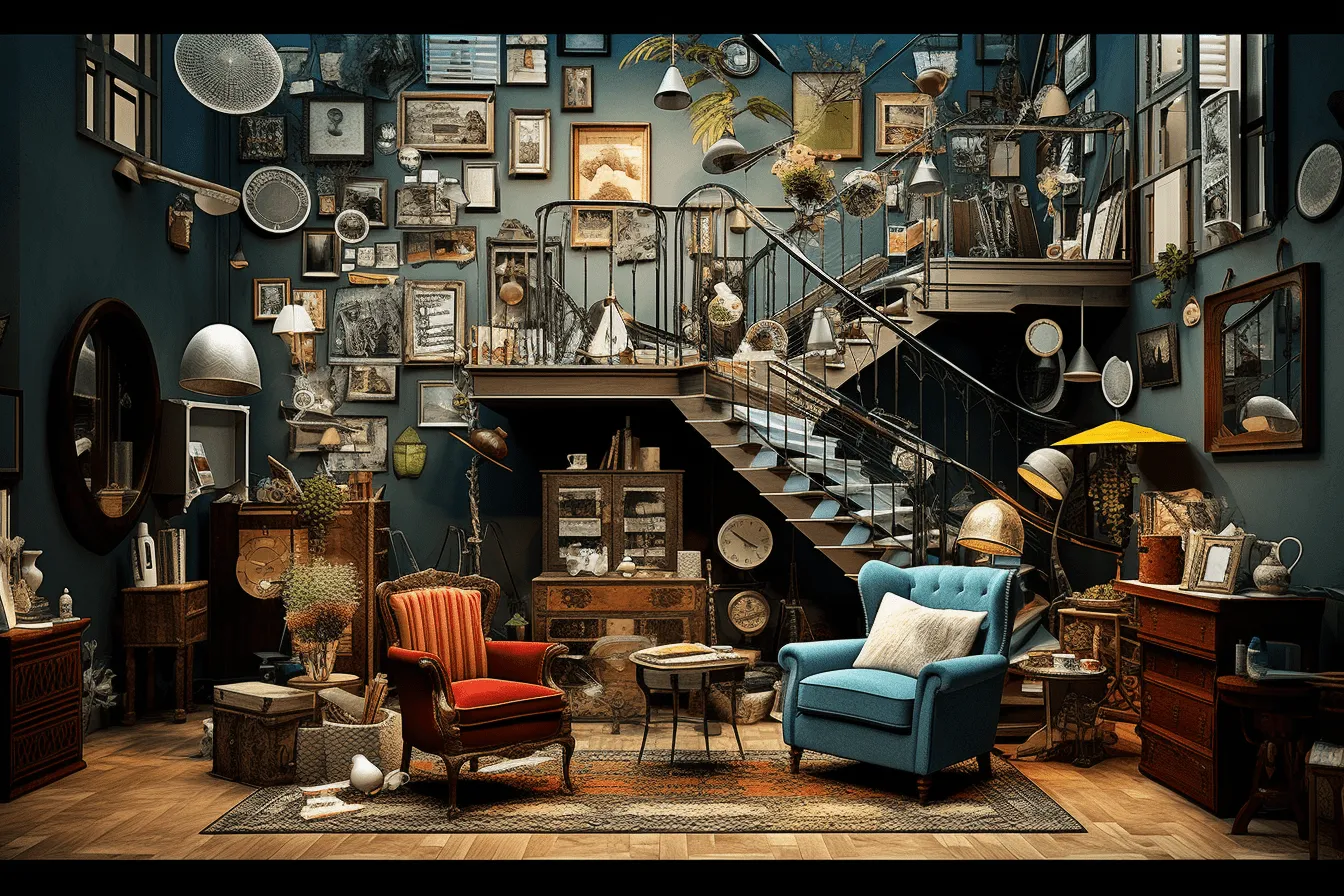 Room filled with objects like books and pictures, realistic yet stylized, dark azure and brown, steampunk inspired, wallpaper, hyper-realistic urban, ceramic, meticulous design