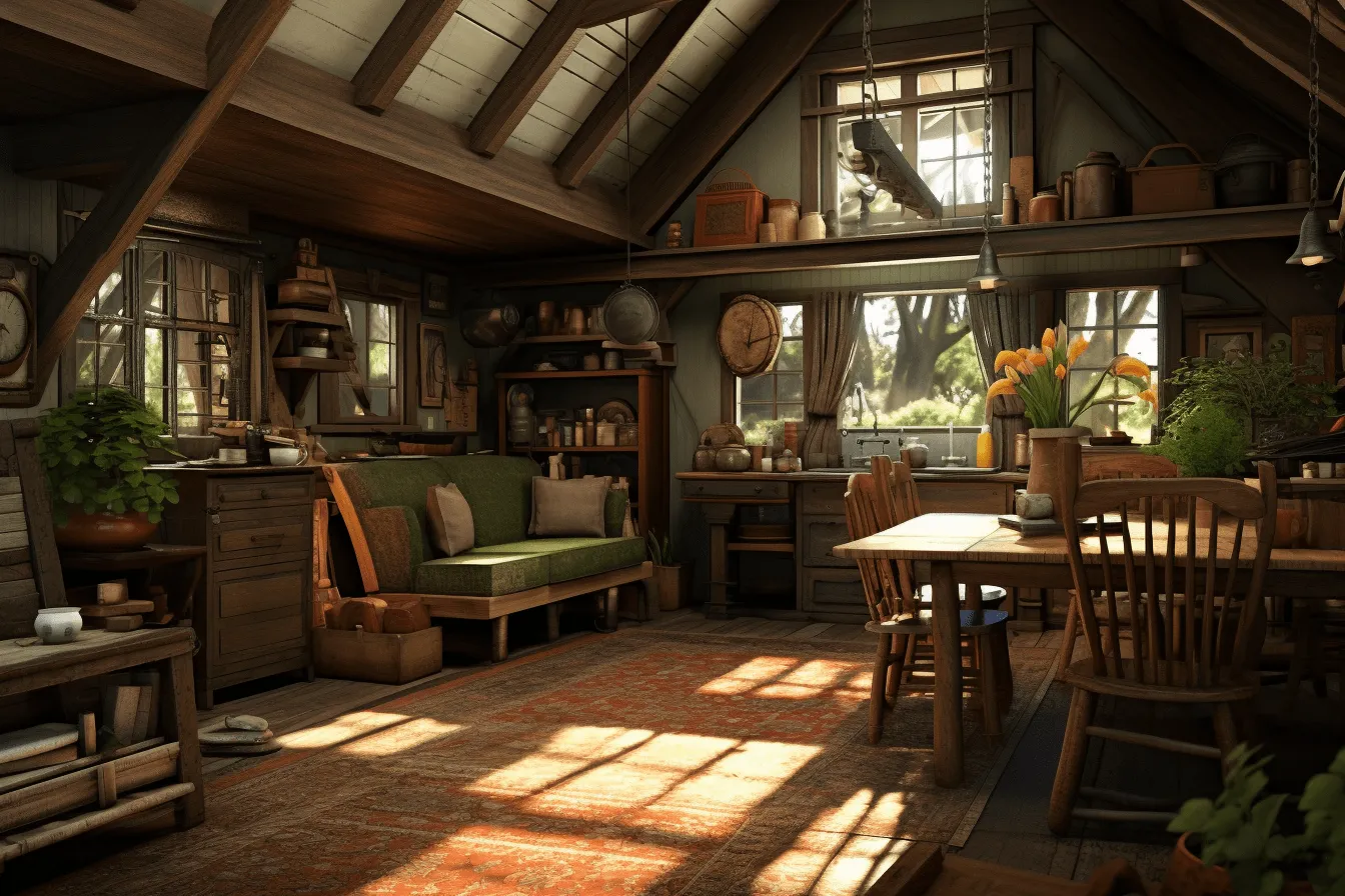 Table and chairs grouped together in a room, highly detailed environments, animated film pioneer, cottagecore, light-filled scenes, solarizing master, lush and detailed, rustic charm